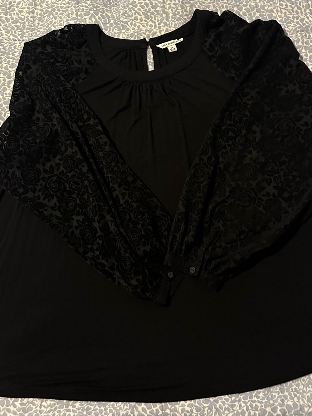 LOFT Black Velvet Burnout Sleeve Blouse